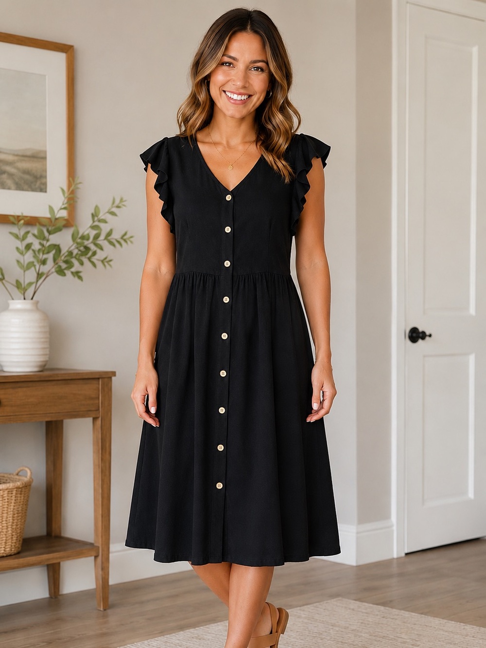 Black Ruffle Sleeve Button Front Midi Dress Size Large